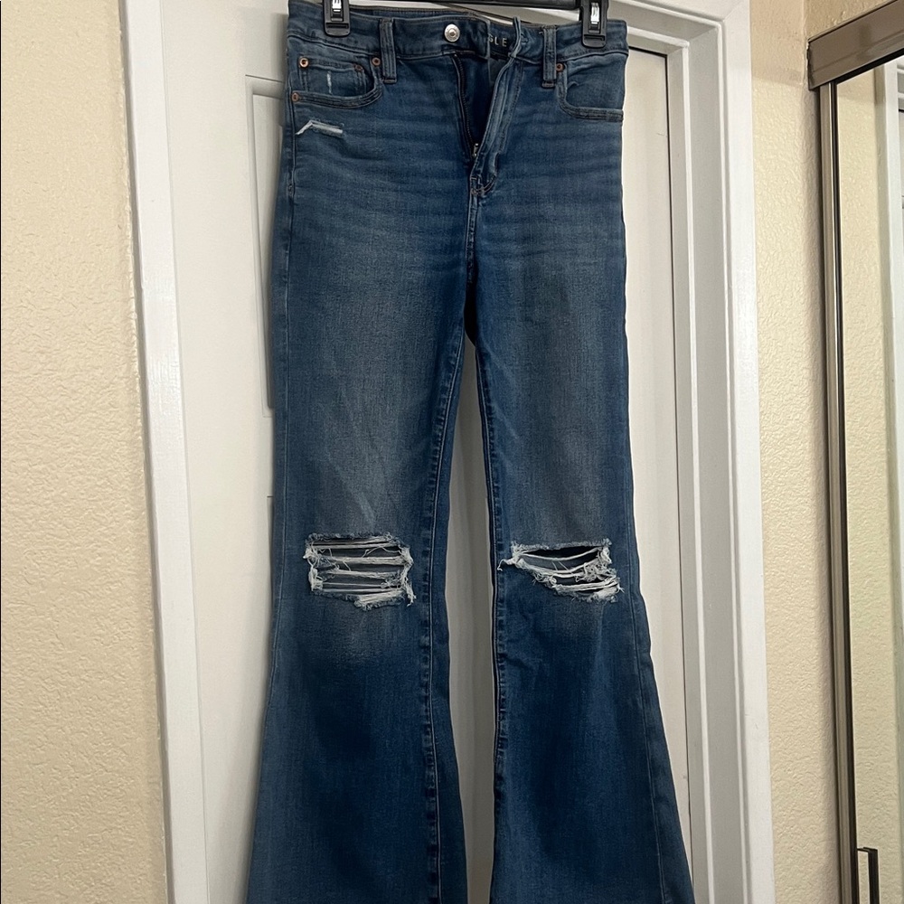American Eagle Outfitters Blue Distressed Flare Jeans